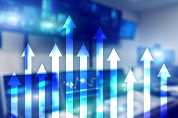 Up arrow graph on skyscraper background. Invesment and financial growth concept.