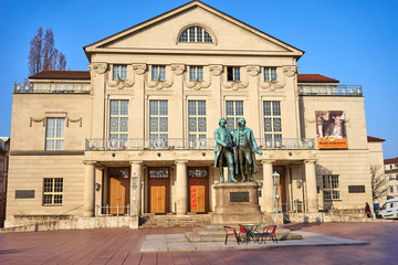 Famous sculpture of Goethe and Schiller in the city of Weimar in Germany / Most famous classical german authors / 18th century