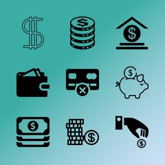 Vector icon set about bank with 9 icons related to cent, rain, office, economic, chart, casino, purchase, account, group and button