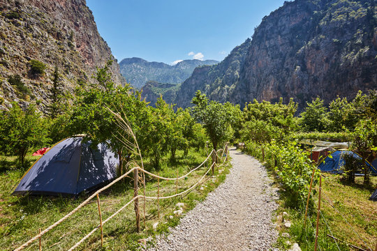 Campground in the valley between high mountains