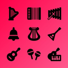 Vector icon set about music instruments with 9 icons related to sign, child, symphony, childhood, drum, entertainment, gusli, balalaika, maracas and preschool