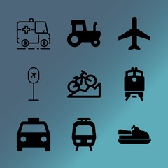 Vector icon set about transport with 9 icons related to support, pattern, driving, agriculture, sun, lights, web, ride, craft and season