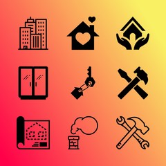 Vector icon set about home with 9 icons related to build, indoors, application, table, set, symbol, apartment, instrument, landscape and background