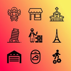 Vector icon set about building with 9 icons related to development, window, america, outdoors, monument, lounge, airport, architecture, entrance and industrial