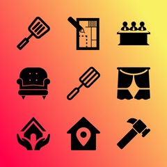 Vector icon set about home with 9 icons related to sit, housing, pattern, concept, sofa, natural, old, desktop, house and theatrical