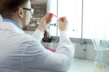 Back view portrait of  modern scientist working on research studying liquids in beaker while...