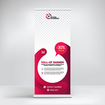 Roll-up design, modern graphic style, banner for advertising goods and services, stand for exhibitions, presentations, conferences, seminars. Abstract red background for posting photos and text.