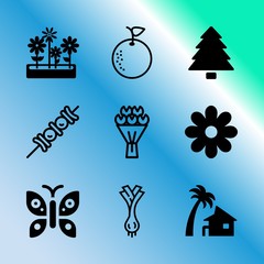 Vector icon set about gardening with 9 icons related to juice, smoke, flavoring, decor, california, raw, wallpaper, backdrop, hot and american