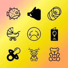 Vector icon set about baby with 9 icons related to fun, hospital, illustration, birthday, comforter, anniversary, nursery, unhappy, new and forest