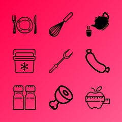 Vector icon set about kitchen with 9 icons related to beer, utensils, hand, blend, eat, single, tape, woman, freeze and dark