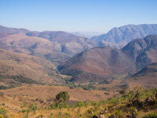 Scenic view of mountains, Malolotja River and dry landscape of Malolotja Nature Reserve, Swaziland,...