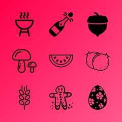Vector icon set about food with 9 icons related to set, braai, wall, celebrate, herb, flavoring, watermelon, papaya, grilling and ornament
