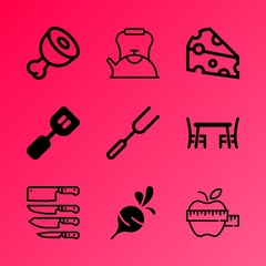Vector icon set about kitchen with 9 icons related to weapon, swiss, chrome, chef, blade, outline, beefsteak, electric, fork and salt