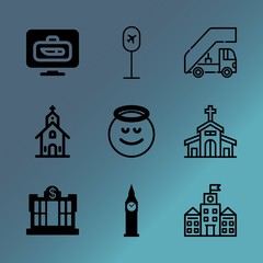 Vector icon set about building with 9 icons related to inside, airplane, monument, english, payment, college, university, houses, old and urban