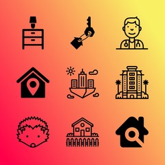 Vector icon set about home with 9 icons related to dining, puppy, vegetarian, natural, paper, vase, cereal, decoration, metropolis and resort