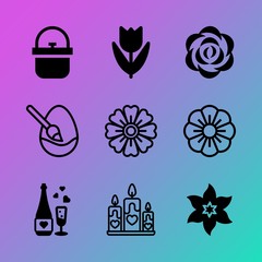 Vector icon set about flowers with 9 icons related to bow, celebrate, composition, february, summer, card, glowing, color, round and freshness