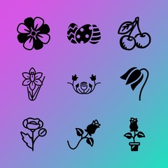 Vector icon set about flowers with 9 icons related to sweet, element, hunt, decorated, valentine, drawn, grass, sunlight, background and beauty