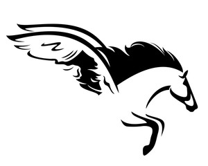 winged horse profile vector design - black and white pegasus outline