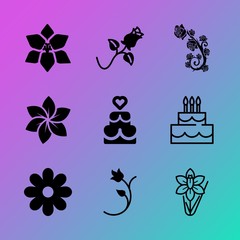 Vector icon set about flowers with 9 icons related to plant, treat, romance, concept, textile, food, springtime, steel, tier and metallic