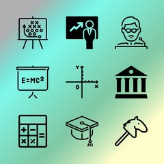 Vector icon set about education with 9 icons related to plan, board, educator, event, check, day, certificate, white, communication and daycare