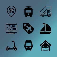 Vector icon set about transport with 9 icons related to blue, person, lifestyle, healthy, fixing, window, looking, outside, famous and ticket