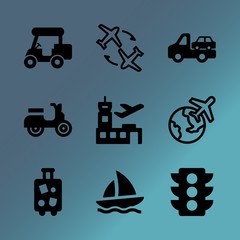 Vector icon set about transport with 9 icons related to yachting, vehicle, wheel, wind, design, color, view, map, regulation and world