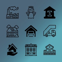 Fototapeta premium Vector icon set about building with 9 icons related to neighborhood, sun, grass, pool, background, piggy, light, angeles, residence and women