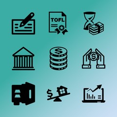 Vector icon set about bank with 9 icons related to bag, window, pile, decorative, calligraphy, treasure, payment, abstract, pig and economy