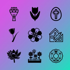 Vector icon set about flowers with 9 icons related to gardening, birthday, pink, bokeh, spring, ornate, flower, life, foliage and ink