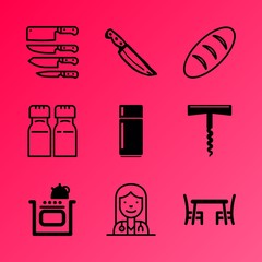 Vector icon set about kitchen with 9 icons related to desk, homemade, object, home, raw, dairy, cereal, furniture, crust and nut