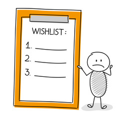 Funny stickman holding clipboard with wish list. Vector