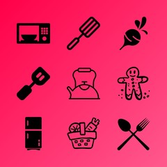 Vector icon set about kitchen with 9 icons related to basket, water, sign, house, celebration, baked, steel, raw, red and front