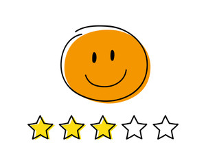 Rating icon - three stars. Orange coloured happy stickman. Vector.