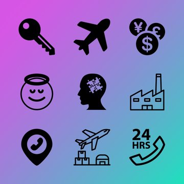 Vector Icon Set About Business With 9 Icons Related To Travel, Metal, Airline, Template, Center, Indoor, Sale, Buildings, Workshop And Automation