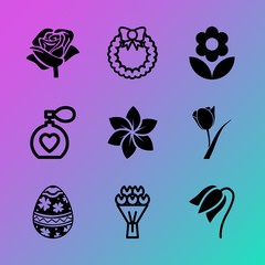 Vector icon set about flowers with 9 icons related to decorative, silhouette, petal, fashion, banner, light, cologne, winner, icon and doodle
