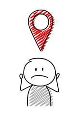 Stickman with confused facial expression holiding geaotag icon. Vector.