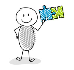Cartoon stickman holding puzzle (success concept) icon. Vector.