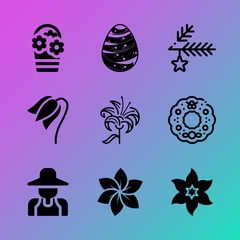 Vector icon set about flowers with 9 icons related to bright, decorative, circle, blossom, sun, winner, tulip, flora, growing and soil