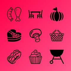 Vector icon set about food with 9 icons related to freshness, eating, fried, cooking, lettuce, market, assortment, red, brown and plant