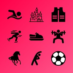 Obraz premium Vector icon set about fitness and sport with 9 icons related to red, competition, stallion, male, craft, tournament, boat, outside, woman and green