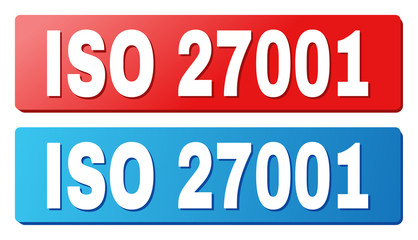 ISO 27001 text on rounded rectangle buttons. Designed with white title with shadow and blue and red button colors.