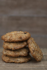 Homemade oatmeal cookies on wooden rustic board. Sweet dessert snack, Healthy Food. Copy space.