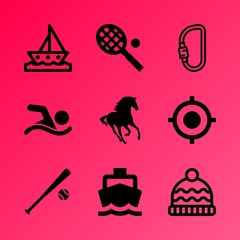 Vector icon set about fitness and sport with 9 icons related to fast, market, challenge, fitnes, goal, warm, farm, people , hook and equine