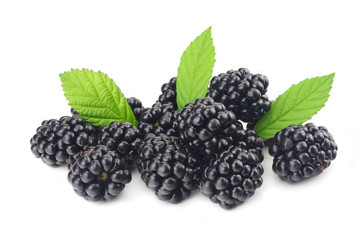 blackberries with green leaf isolated on white background. macro