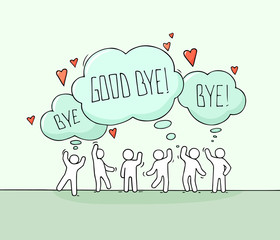 Crowd of working little people with speech bubbles.