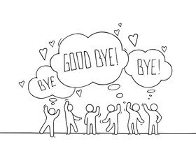 Crowd of working little people with speech bubbles.