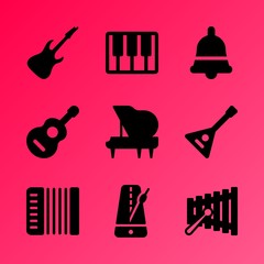Vector icon set about music instruments with 9 icons related to guitar, key, silhouette, melody, image, art, rainbow, handbell, musician and metronome