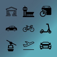 Vector icon set about transport with 9 icons related to overhead, retail, paper, wheel, family, airport, delivering, sun, modern and journey