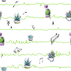 Vector floral seamless pattern. Succulents in sketch style isolated on white background. Hand drawn color illustration of houseplants. Cute cactuses. Botanical texture