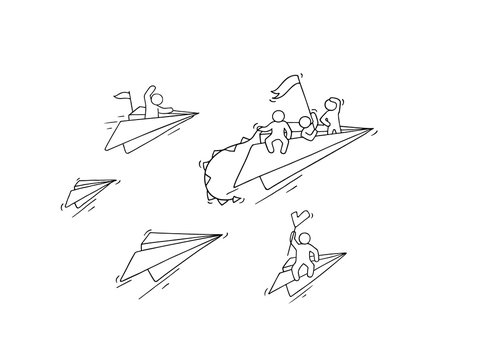 Sketch of flying paper plane with little workers.